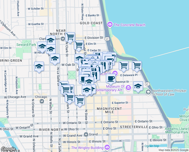 map of restaurants, bars, coffee shops, grocery stores, and more near North Rush Street & East Delaware Place in Chicago