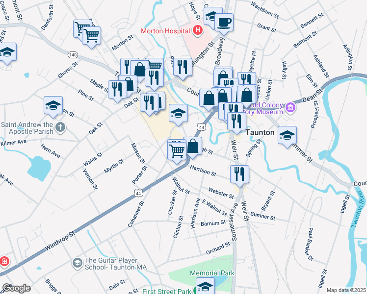 map of restaurants, bars, coffee shops, grocery stores, and more near 111 High Street in Taunton