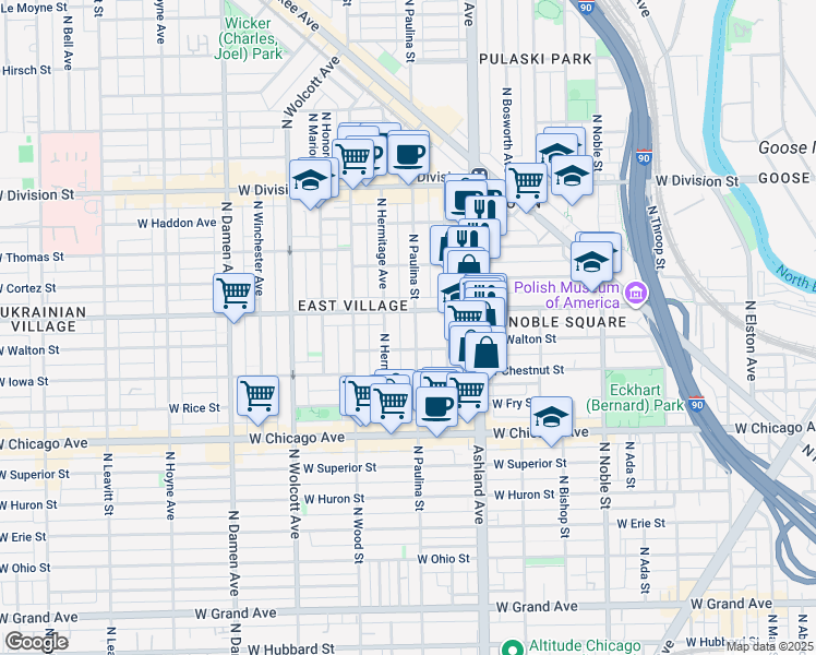 map of restaurants, bars, coffee shops, grocery stores, and more near 920 North Paulina Street in Chicago
