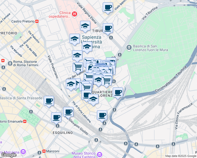 map of restaurants, bars, coffee shops, grocery stores, and more near 171 Via Tiburtina in Roma