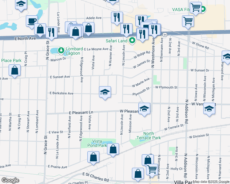 map of restaurants, bars, coffee shops, grocery stores, and more near 512 Westwood Avenue in Lombard