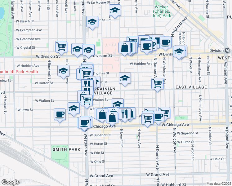 map of restaurants, bars, coffee shops, grocery stores, and more near 2215 West Augusta Boulevard in Chicago