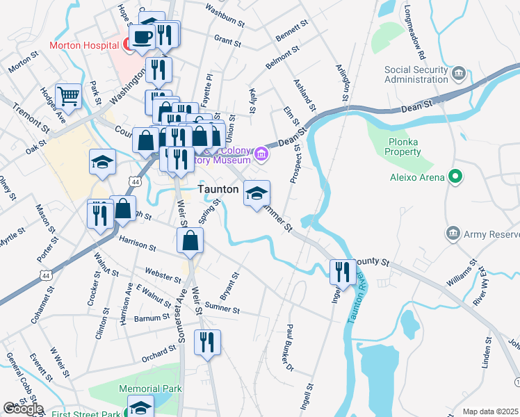 map of restaurants, bars, coffee shops, grocery stores, and more near 58 Summer Street in Taunton