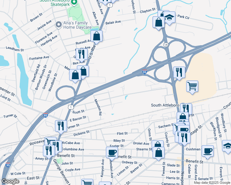 map of restaurants, bars, coffee shops, grocery stores, and more near 60 Norton Street in Attleboro