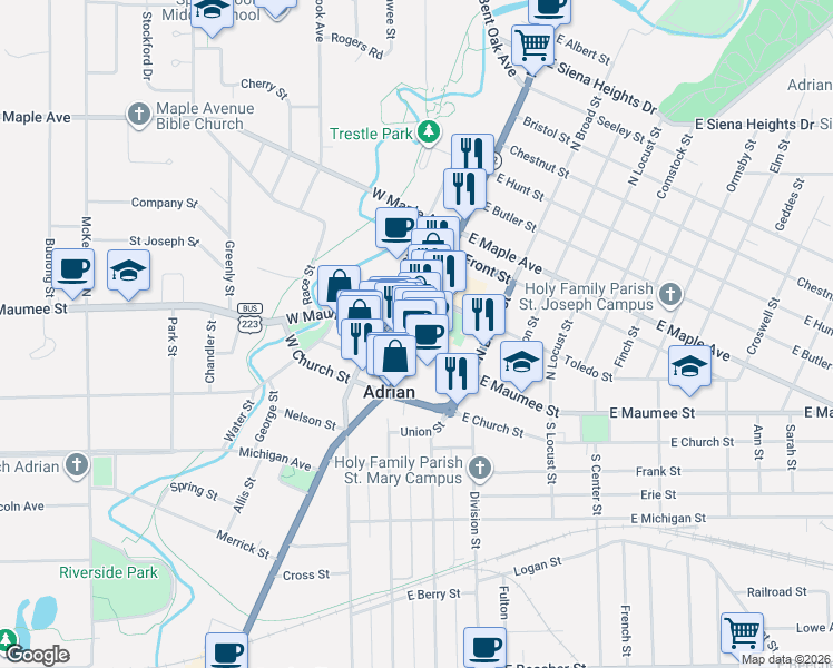 map of restaurants, bars, coffee shops, grocery stores, and more near 149 North Main Street in Adrian