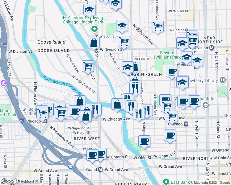 map of restaurants, bars, coffee shops, grocery stores, and more near in Chicago