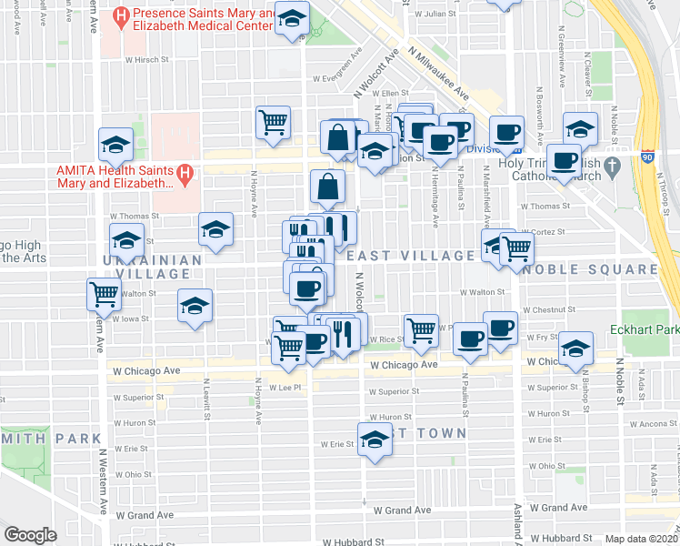 map of restaurants, bars, coffee shops, grocery stores, and more near 958 North Wolcott Avenue in Chicago