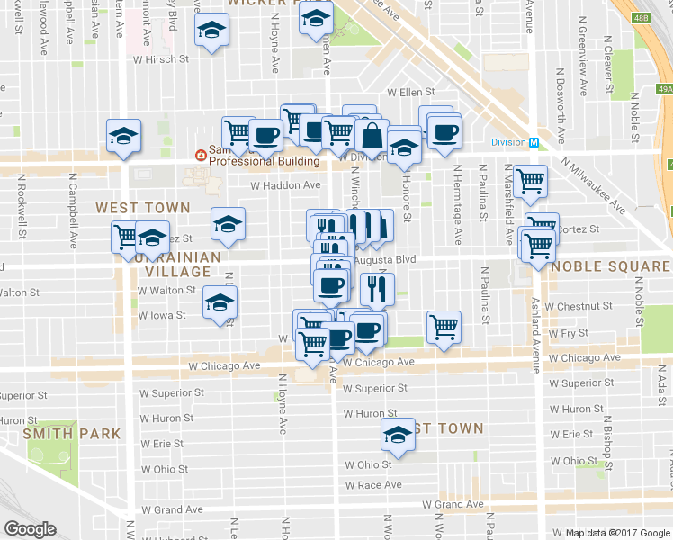 map of restaurants, bars, coffee shops, grocery stores, and more near 1945 West Augusta Boulevard in Chicago