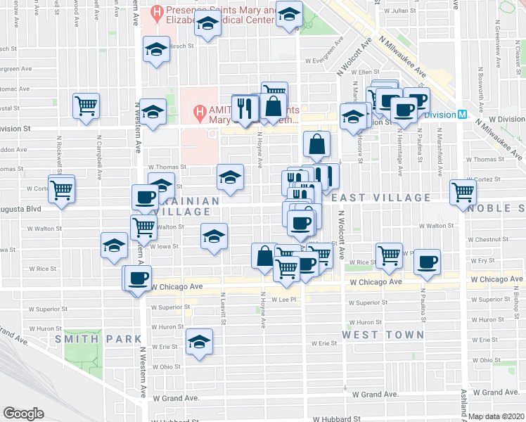 map of restaurants, bars, coffee shops, grocery stores, and more near 953 North Hoyne Avenue in Chicago