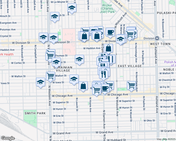 map of restaurants, bars, coffee shops, grocery stores, and more near 953 North Hoyne Avenue in Chicago