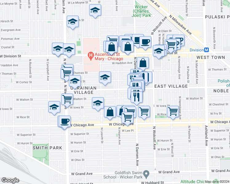 map of restaurants, bars, coffee shops, grocery stores, and more near 953 North Hoyne Avenue in Chicago
