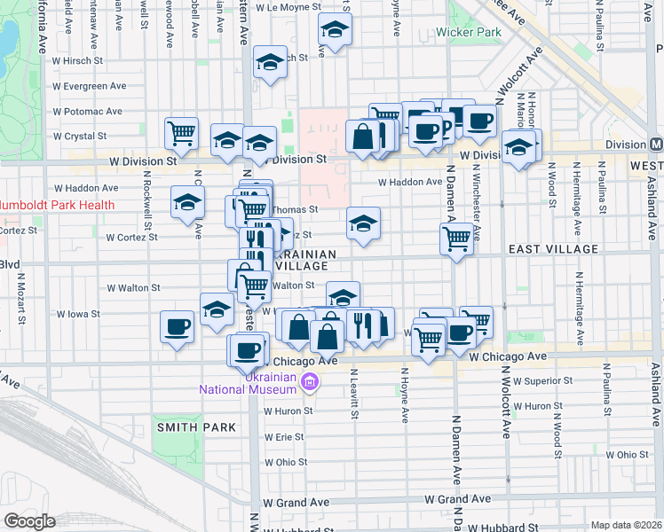map of restaurants, bars, coffee shops, grocery stores, and more near 2212 West Augusta Boulevard in Chicago