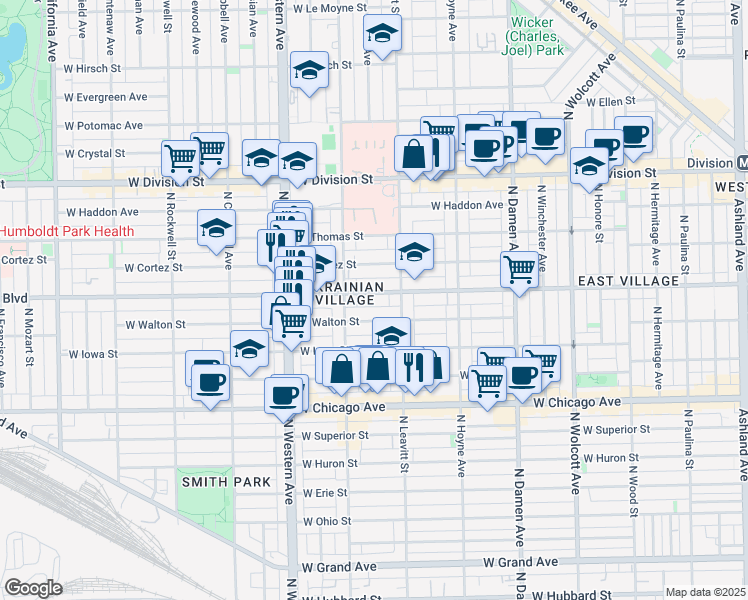 map of restaurants, bars, coffee shops, grocery stores, and more near 2212 West Augusta Boulevard in Chicago