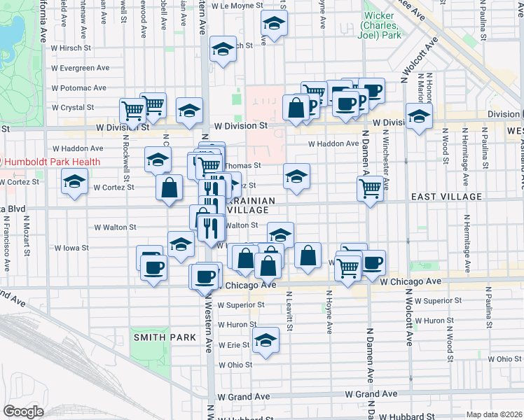 map of restaurants, bars, coffee shops, grocery stores, and more near in Chicago