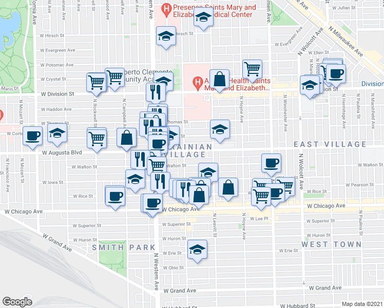 map of restaurants, bars, coffee shops, grocery stores, and more near in Chicago