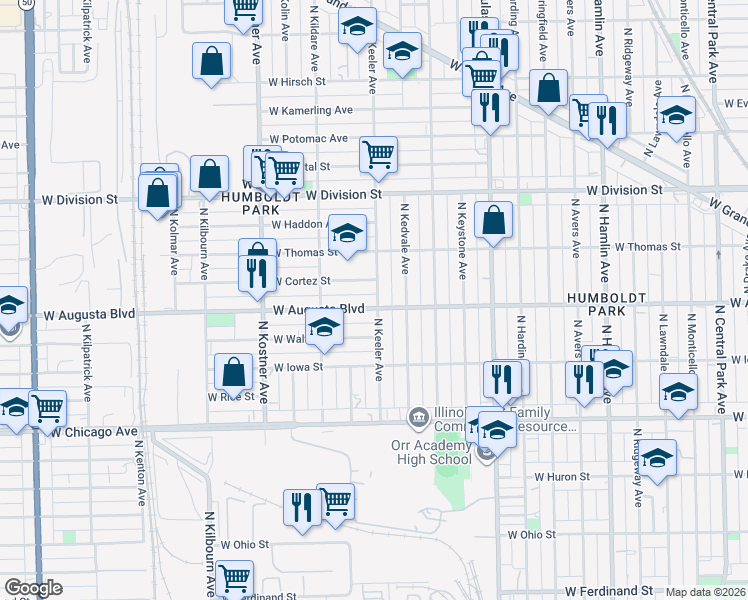 map of restaurants, bars, coffee shops, grocery stores, and more near 4221 West Cortez Street in Chicago