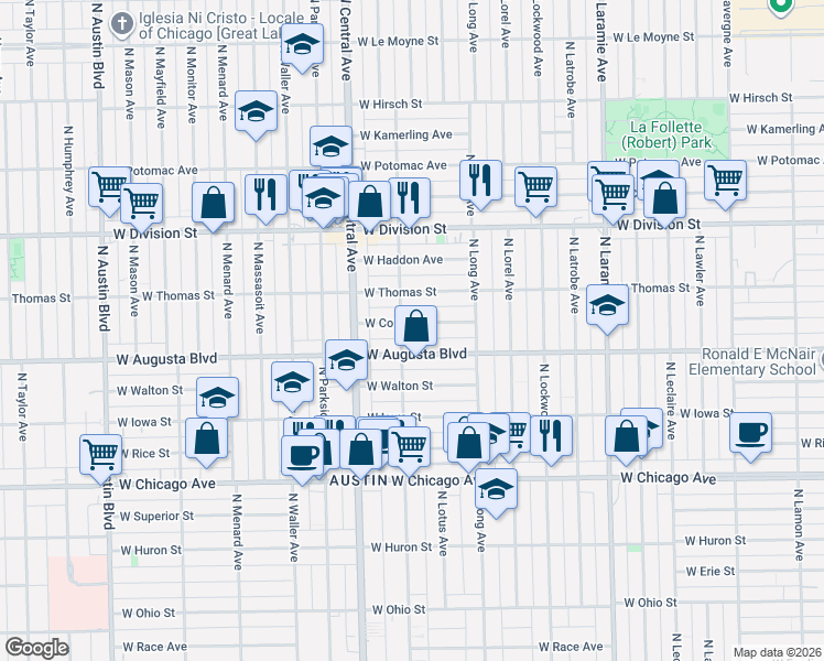 map of restaurants, bars, coffee shops, grocery stores, and more near 1039 North Pine Avenue in Chicago