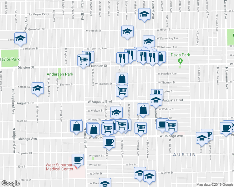 map of restaurants, bars, coffee shops, grocery stores, and more near 1036 North Menard Avenue in Chicago