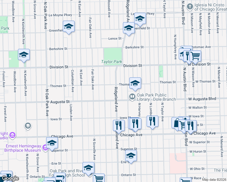 map of restaurants, bars, coffee shops, grocery stores, and more near 734 North Elmwood Avenue in Oak Park