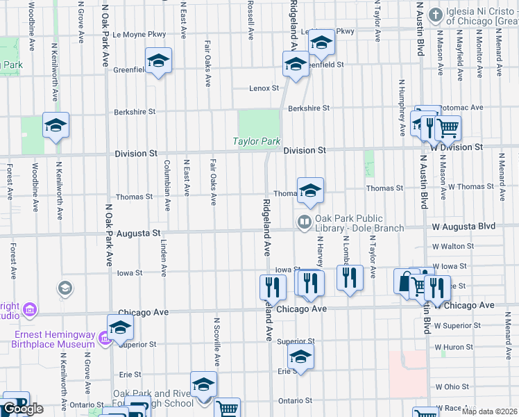 map of restaurants, bars, coffee shops, grocery stores, and more near 734 North Elmwood Avenue in Oak Park