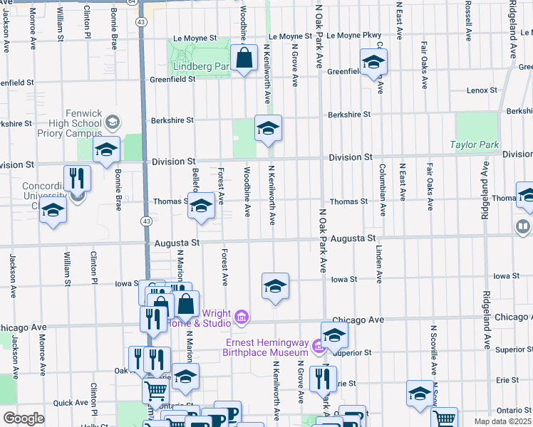 map of restaurants, bars, coffee shops, grocery stores, and more near 741 North Kenilworth Avenue in Oak Park