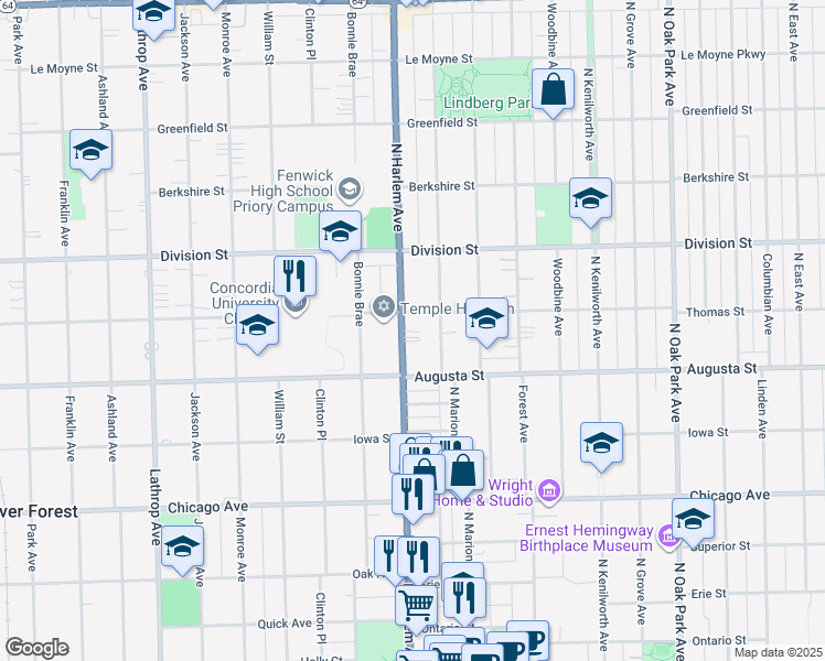 map of restaurants, bars, coffee shops, grocery stores, and more near 1047 Illinois 43 in Oak Park