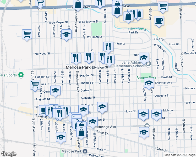 map of restaurants, bars, coffee shops, grocery stores, and more near 1318 North 16th Avenue in Melrose Park