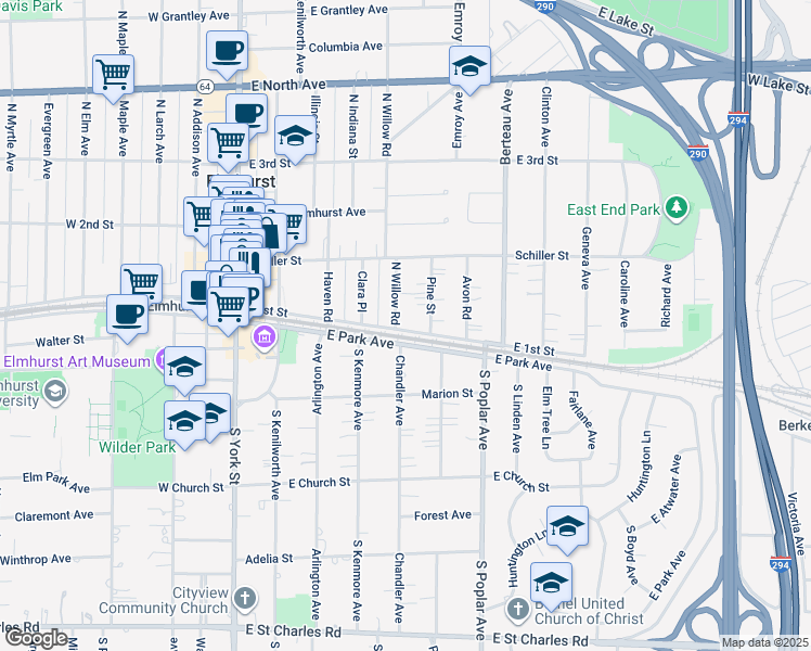 map of restaurants, bars, coffee shops, grocery stores, and more near 107 North Willow Road in Elmhurst