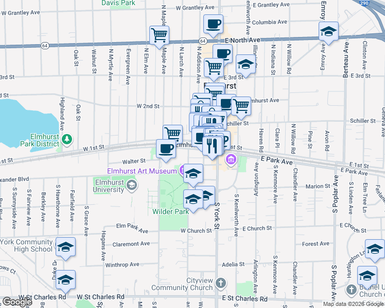 map of restaurants, bars, coffee shops, grocery stores, and more near 136 West Park Avenue in Elmhurst