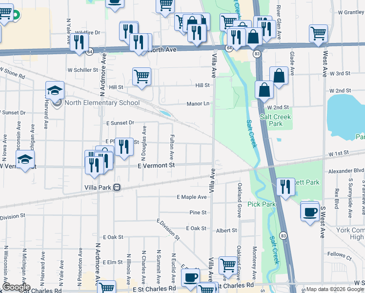 map of restaurants, bars, coffee shops, grocery stores, and more near 232 East Plymouth Street in Villa Park