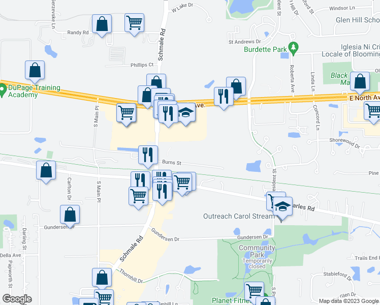 map of restaurants, bars, coffee shops, grocery stores, and more near 475 S Schmale Road in Carol Stream