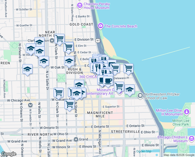 map of restaurants, bars, coffee shops, grocery stores, and more near East Delaware Place in Chicago