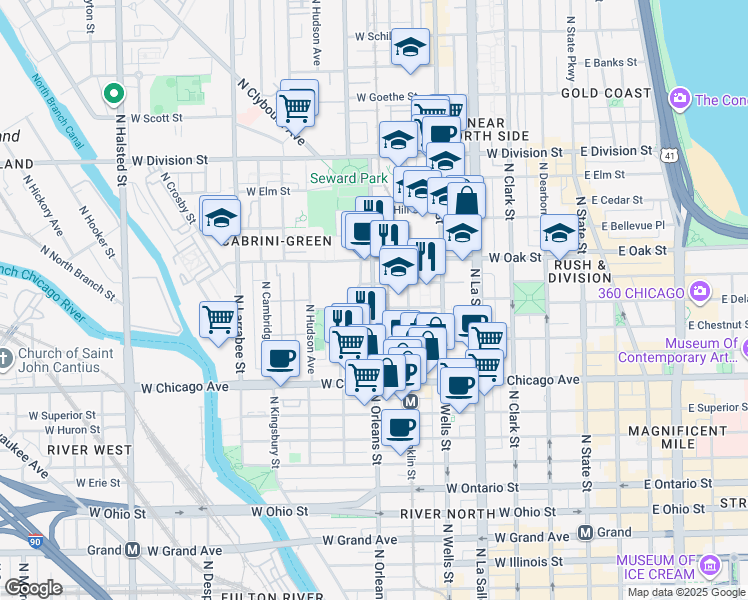 map of restaurants, bars, coffee shops, grocery stores, and more near 933 North Orleans Street in Chicago