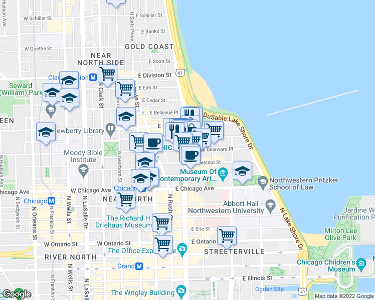map of restaurants, bars, coffee shops, grocery stores, and more near North Michigan Avenue & East Delaware Place in Chicago