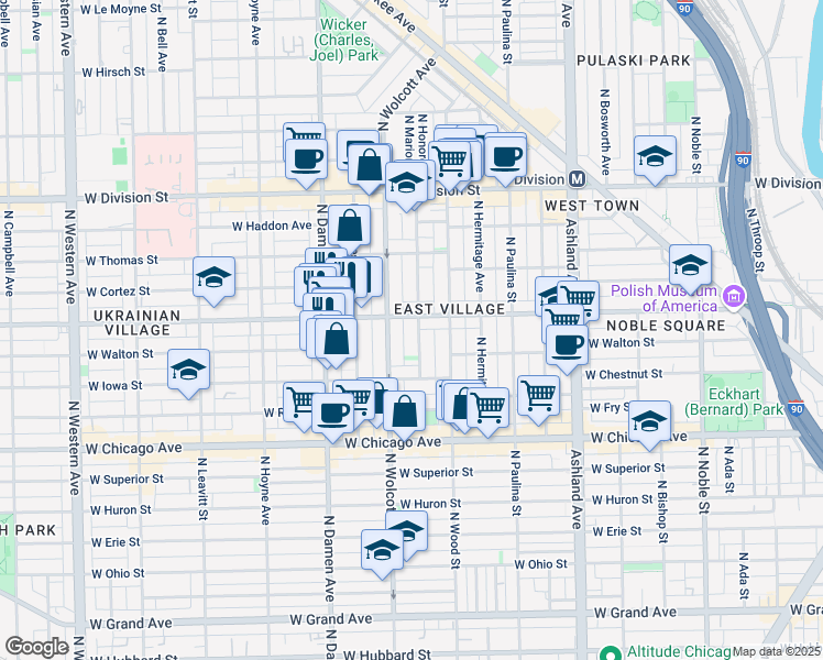 map of restaurants, bars, coffee shops, grocery stores, and more near 948 North Honore Street in Chicago