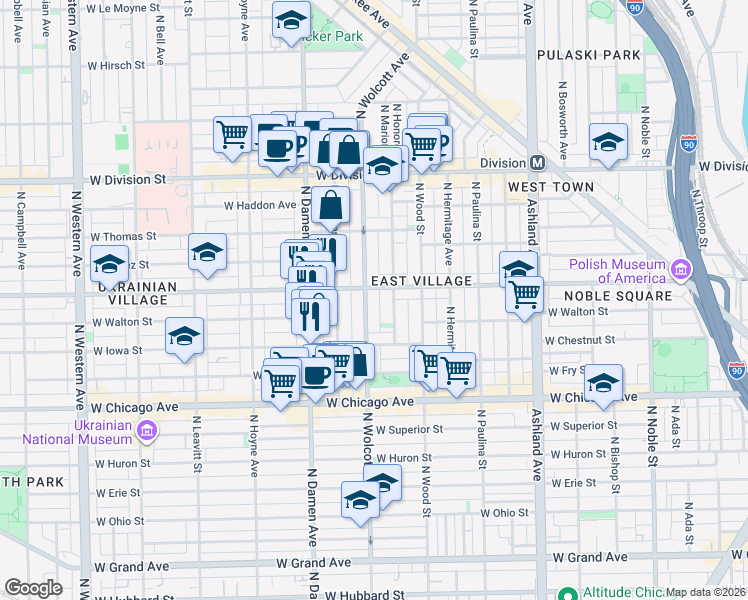 map of restaurants, bars, coffee shops, grocery stores, and more near 958 North Wolcott Avenue in Chicago