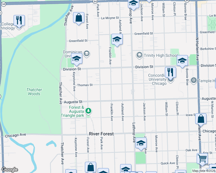 map of restaurants, bars, coffee shops, grocery stores, and more near 1102 Franklin Avenue in River Forest