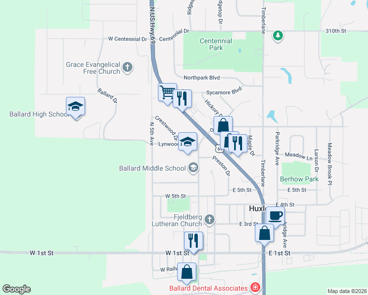 map of restaurants, bars, coffee shops, grocery stores, and more near 110 Lynwood Drive in Huxley
