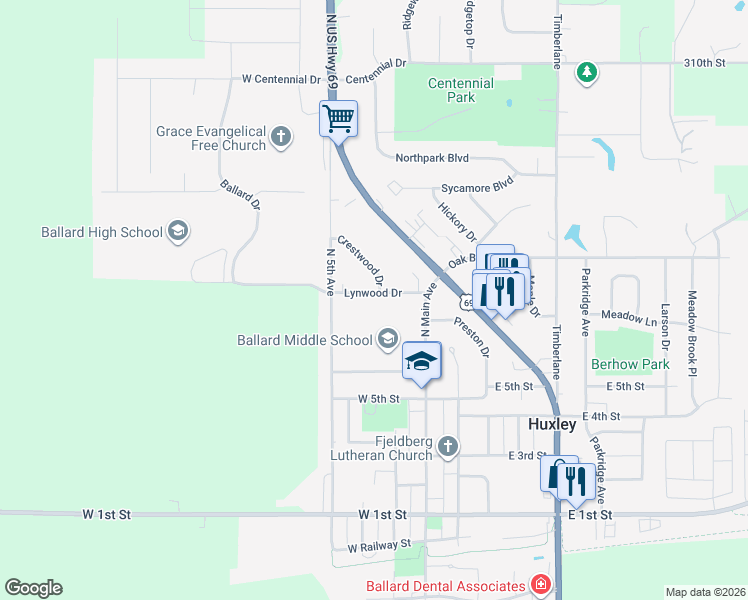 map of restaurants, bars, coffee shops, grocery stores, and more near 118 Lynwood Drive in Huxley