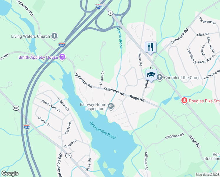 map of restaurants, bars, coffee shops, grocery stores, and more near 155 Stillwater Road in Smithfield
