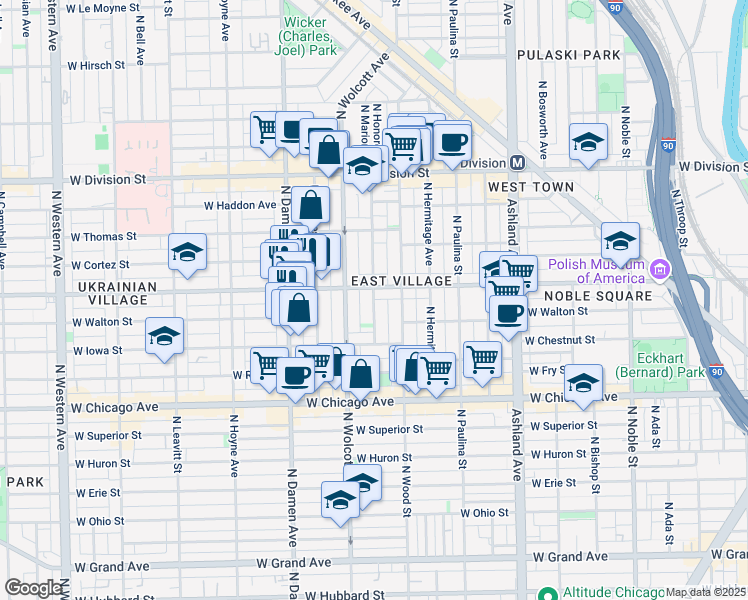 map of restaurants, bars, coffee shops, grocery stores, and more near 948 North Honore Street in Chicago