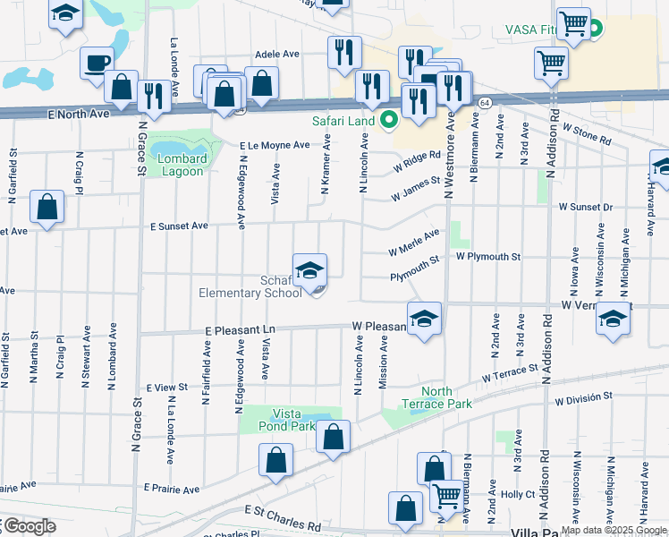 map of restaurants, bars, coffee shops, grocery stores, and more near 512 Westwood Avenue in Lombard