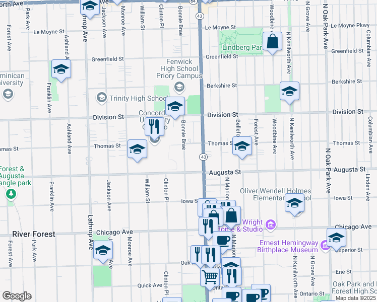 map of restaurants, bars, coffee shops, grocery stores, and more near 1039 Bonnie Brae in River Forest