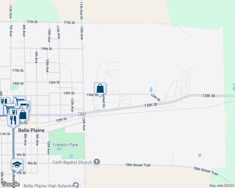 map of restaurants, bars, coffee shops, grocery stores, and more near 1522 15th Street in Belle Plaine