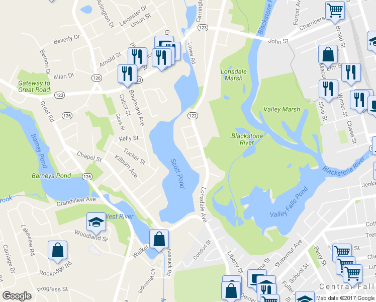 map of restaurants, bars, coffee shops, grocery stores, and more near 11 Edgehill Avenue in Lincoln