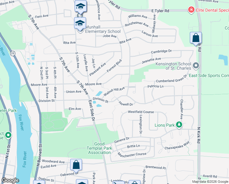 map of restaurants, bars, coffee shops, grocery stores, and more near 1439 Walnut Hill Avenue in St. Charles