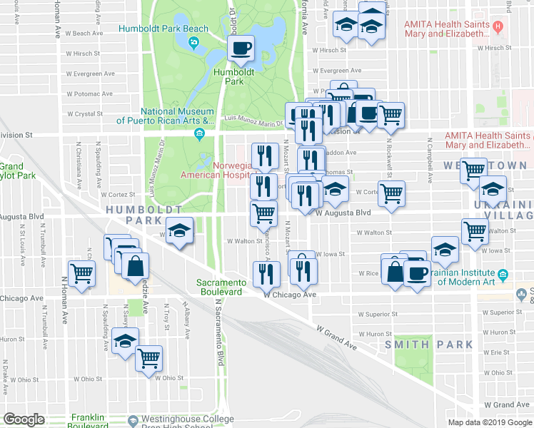 map of restaurants, bars, coffee shops, grocery stores, and more near West Augusta Boulevard & North Francisco Avenue in Chicago