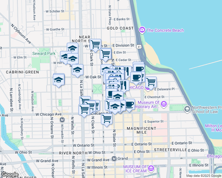 map of restaurants, bars, coffee shops, grocery stores, and more near 908 North State Street in Chicago