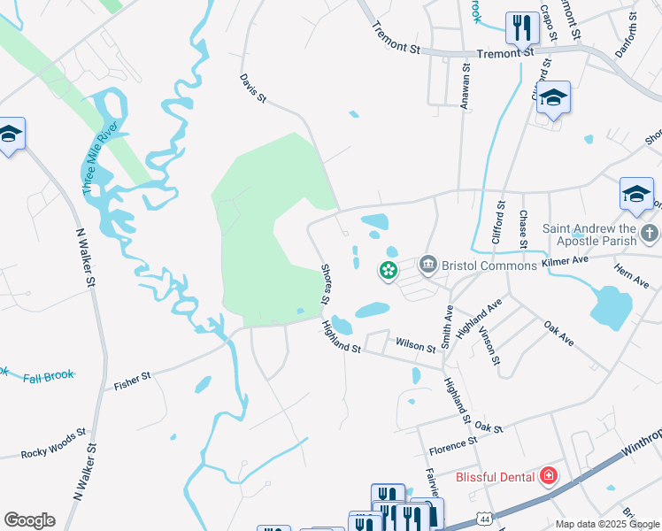 map of restaurants, bars, coffee shops, grocery stores, and more near 180 Shores Street in Taunton