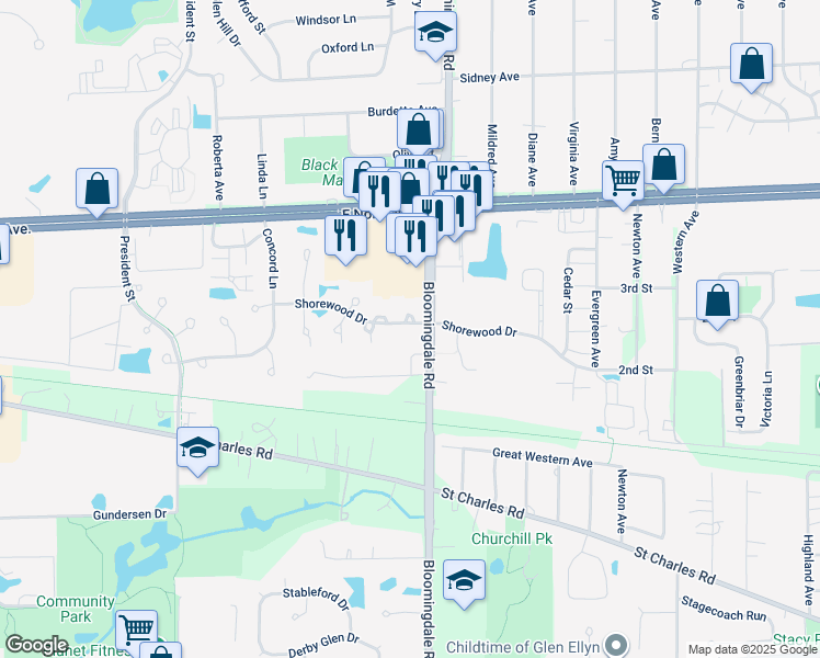 map of restaurants, bars, coffee shops, grocery stores, and more near 185 Shorewood Drive in Glendale Heights